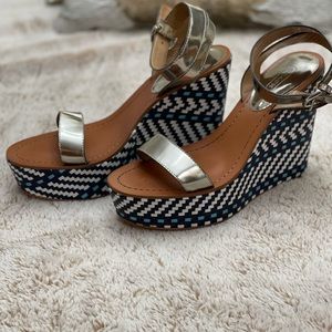 Coach ‘Gemma’ wedge sandal.  Size 10 M.  Silver, blue, and white.  5 inches.